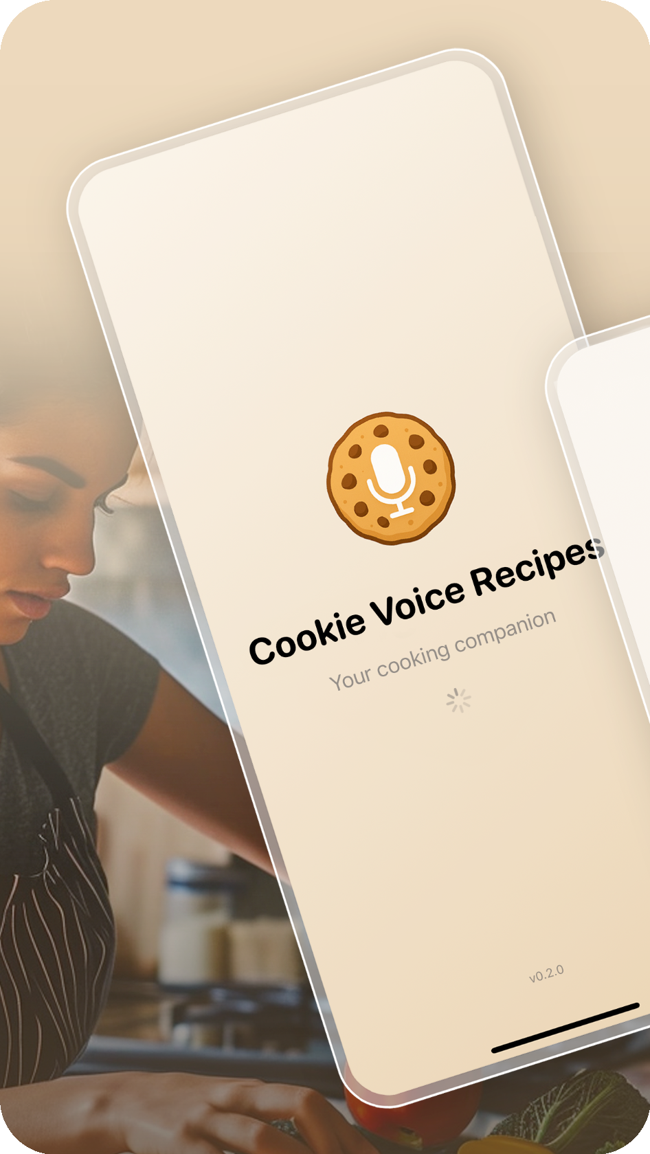 Cookie Voice Recipes app launch screen showing the cookie logo and the tagline Your cooking companion