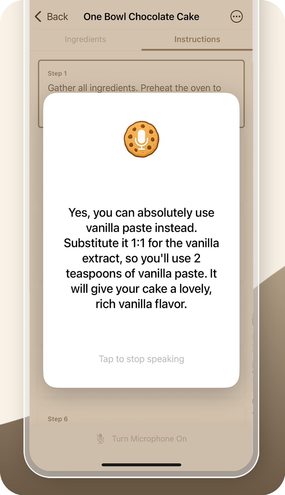 Cookie Voice Recipes showing an AI answer about substituting vanilla paste while cooking a One Bowl Chocolate Cake recipe