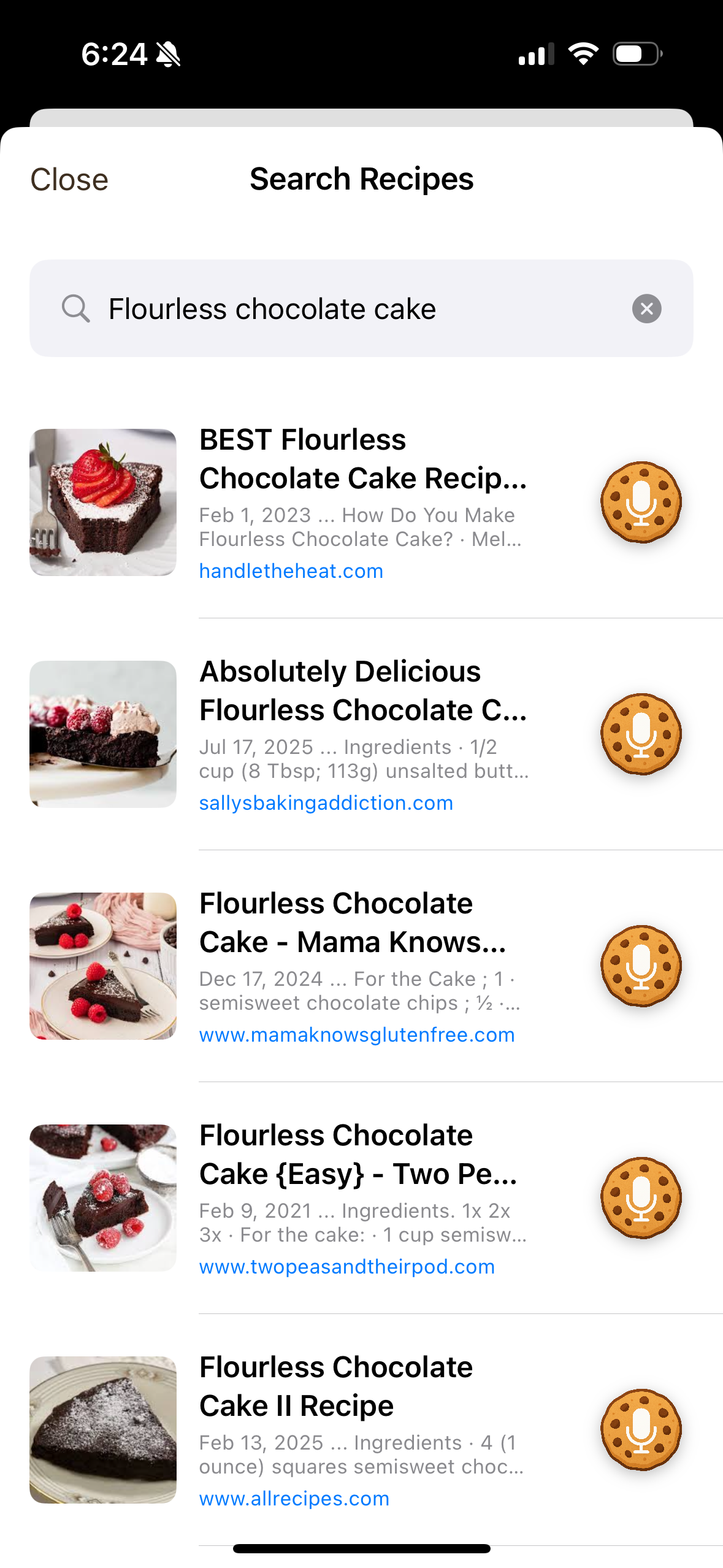 Search results for flourless chocolate cake with voice badge